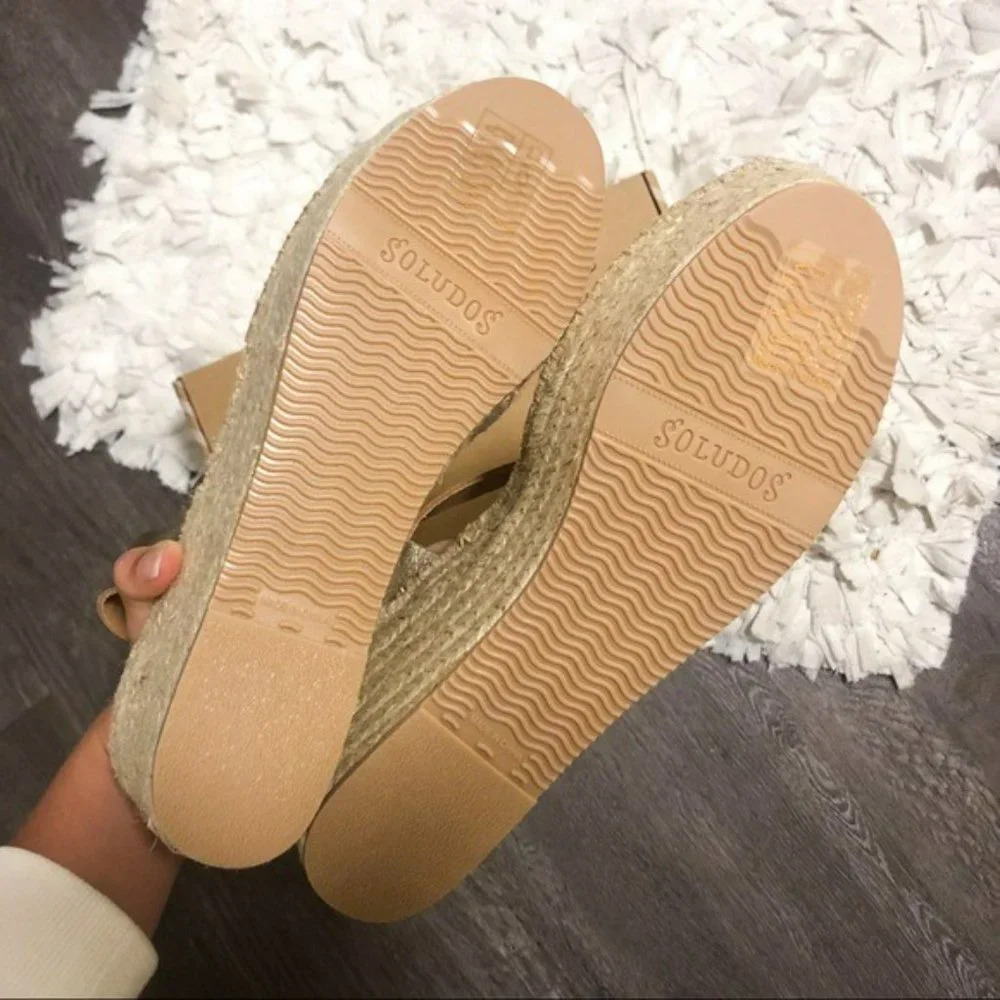Anthro Soludos Platform Gold Leather Espadrille 10 - Picture 11 of 13